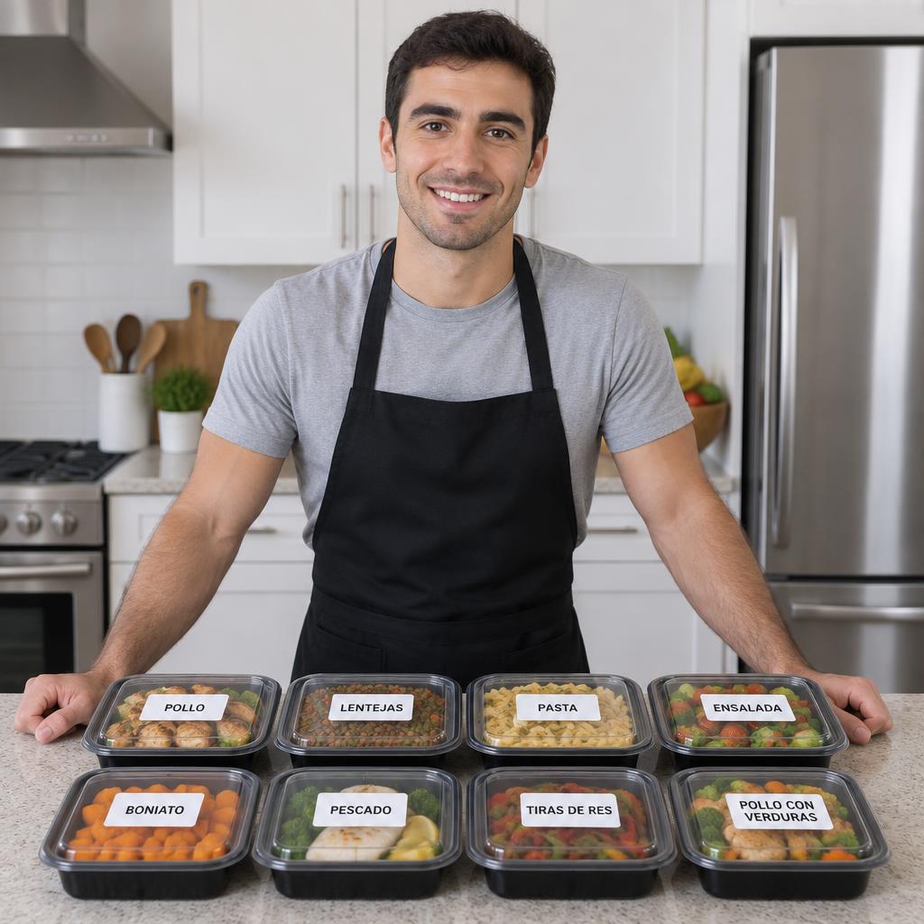Cocinero con comidas preparadas