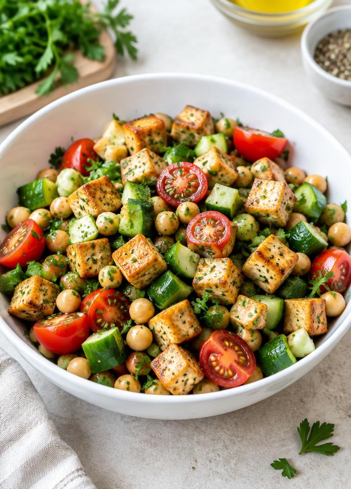 Ensalada de garbanzos y vegetales con tofu