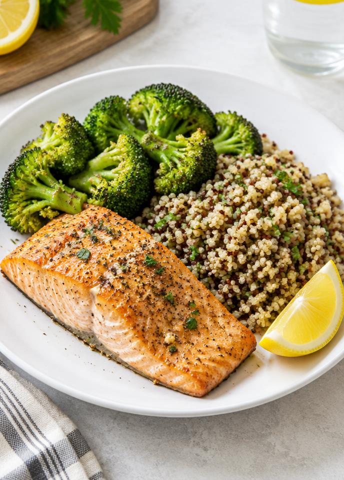Salmón al horno con quinoa y brócoli al limón