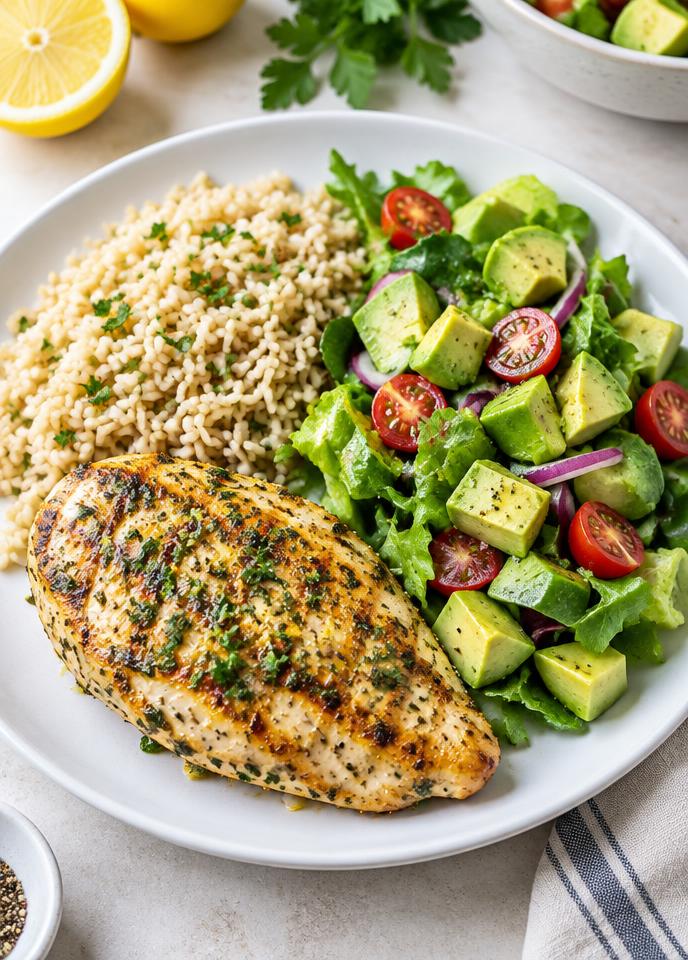 Pollo al limón con arroz integral y ensalada de aguacate
